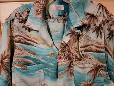 RARE VTG 50's M Penney  s Rayon Hawaiian Aloha Shirt Japan PALMS fixer Repair