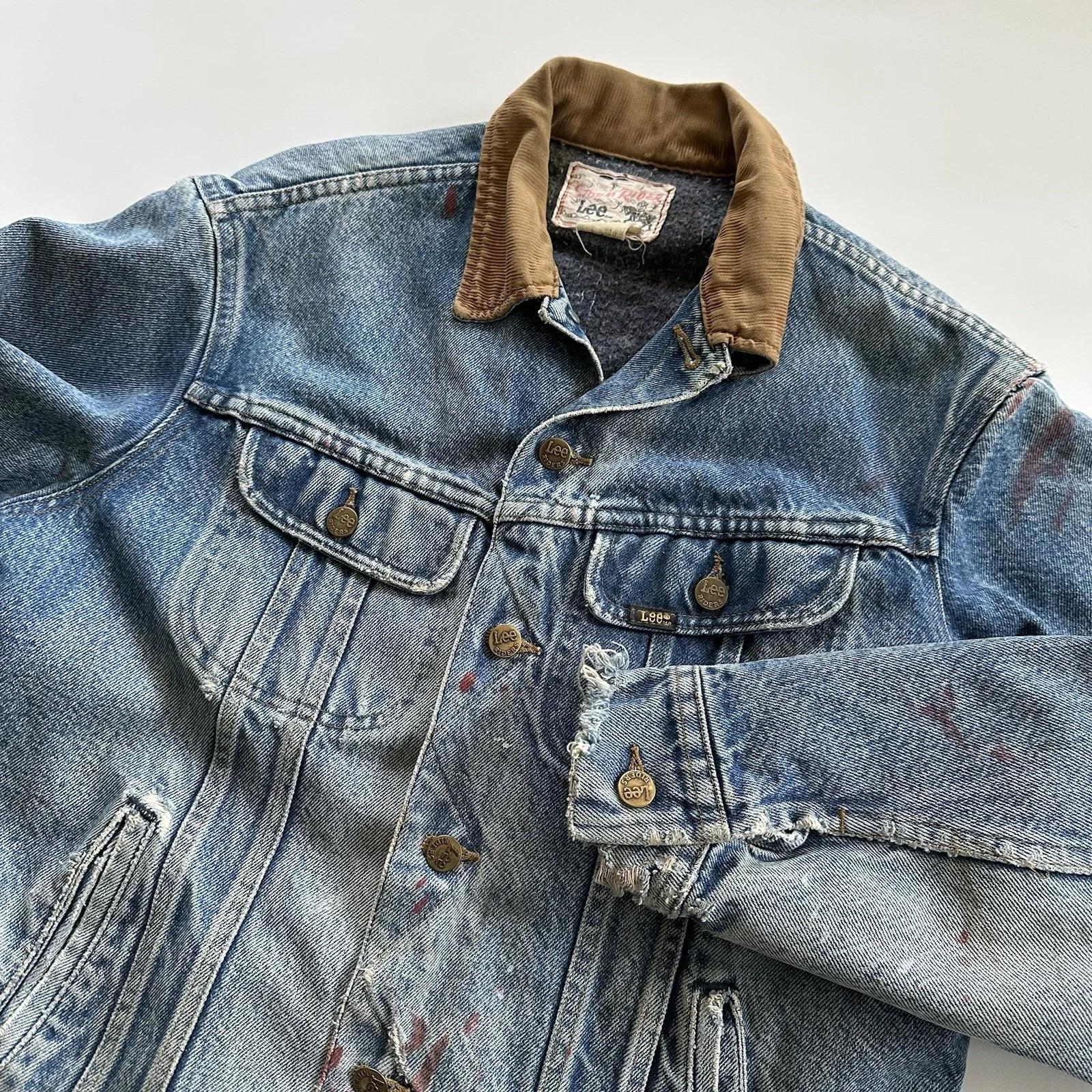 Vtg Lee Storm Rider Mens Denim Collared Flannel Lined Jacket Sz 38R Distressed