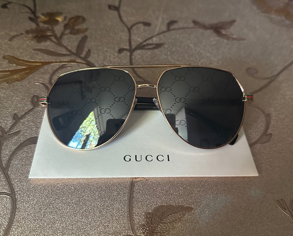 Gucci GG1220S 004 59mm Sunglasses in Black/Gold/Grey with GG Pattern Lens