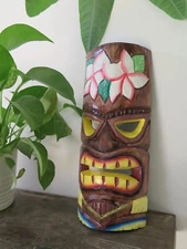 Hawaii Hand Made Carved Wooden 12" Tiki Painted Mask Wall Decor Hanging Man Cave