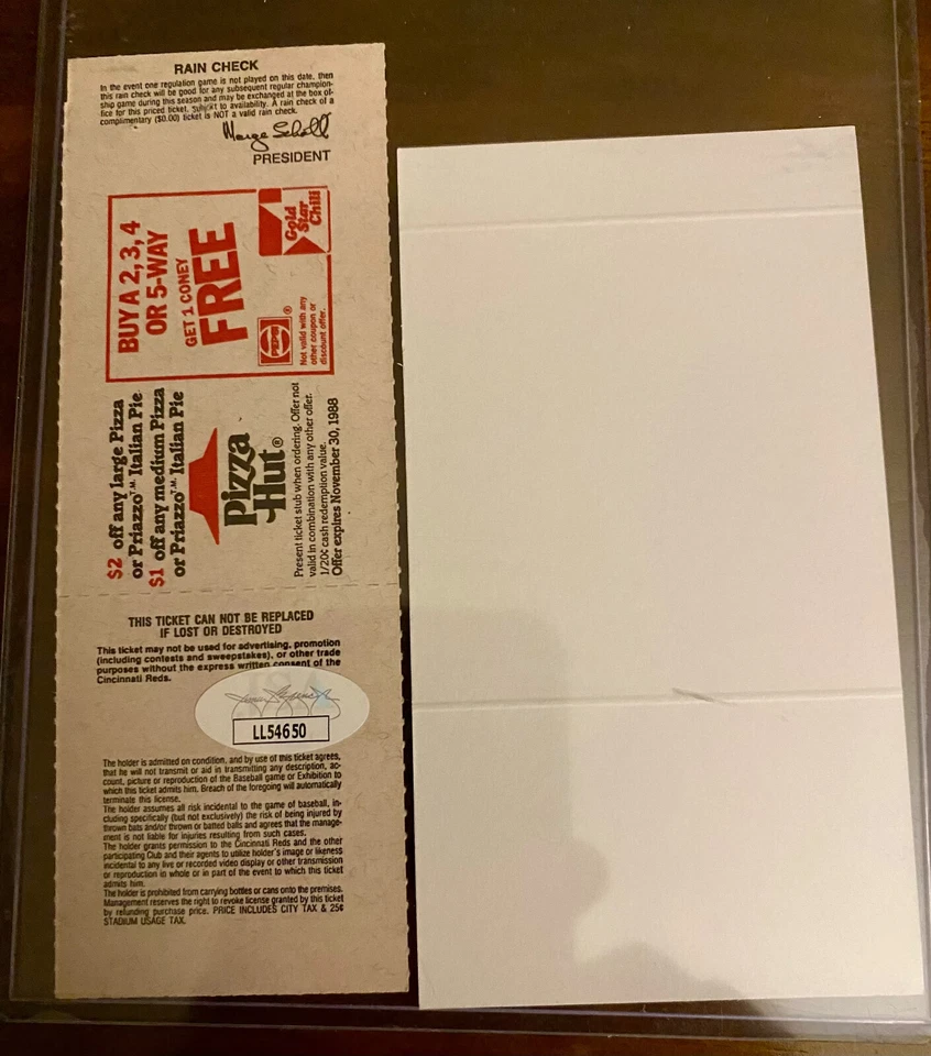 Tom Browning Reds Rare Autographed Signed Perfect Game FULL Ticket JSA Certified - Image 2 of 2