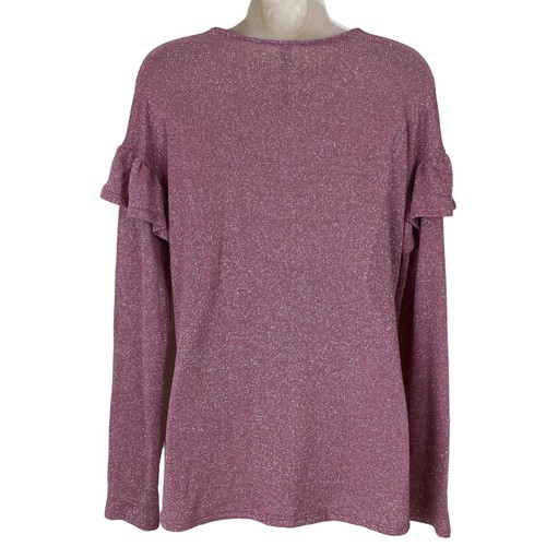 Design Lab Lord & Taylor Sz L Pink Long Sleeve Ruffle Accent Sweater Metallic - Picture 7 of 8