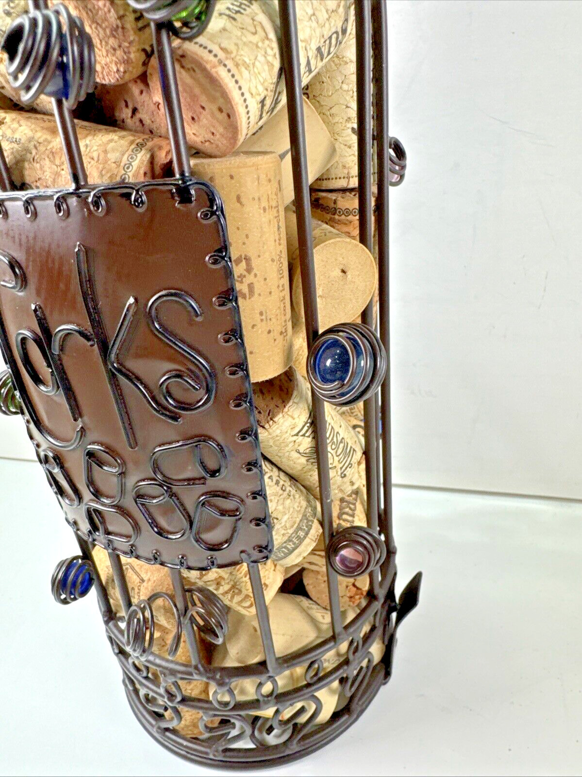 13.75" Decorative Marble Brown Bottle-Shaped Wire Wine Cork Holder w Corks