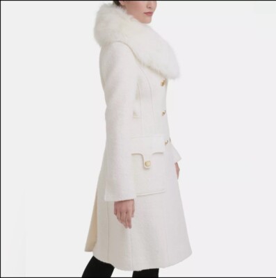 NWT! $450 MRP! Sz XL GUESS Ivory Faux-Fur Collar Double-Breasted Walker Coat