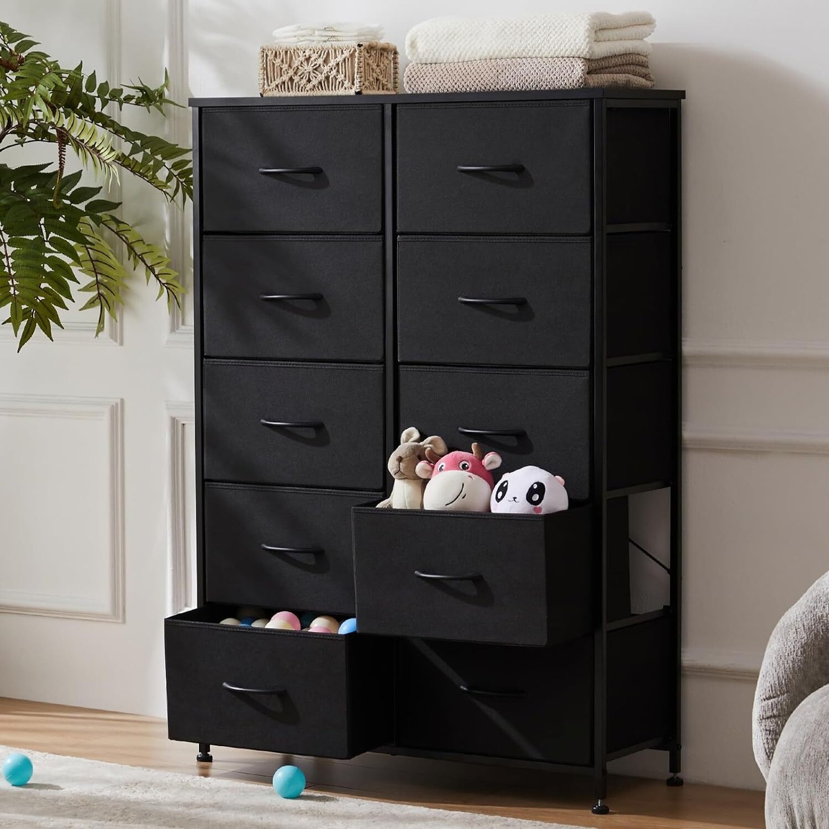 10 Storage Drawer Dresser Bedroom Tall Wood Dresser with Fabric Storage  Tower | eBay