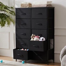 10 Storage Drawer Dresser Bedroom Tall Wood Dresser with Fabric Storage Tower