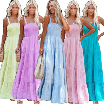 Babydoll Summer Maxi Dress Striped Sleeveless Vacation Outfit For Women, S / Blue Babydoll Summer Maxi Dress Striped Sleeveless Vacation Outfit For Women, S / Blue