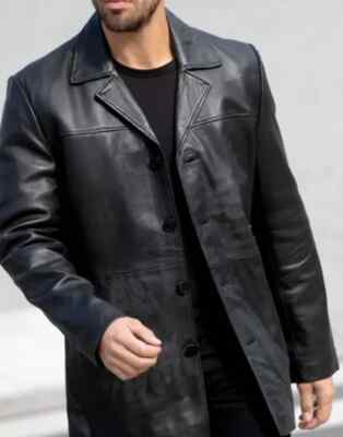 Stylish Men Long Trench Coat Black Handmade Formal Pure Leather Lambskin Casual