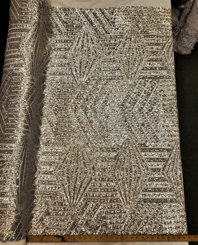 Silver Geometric Sequin Fabric on Nylon Mesh 2 Way Stretch "BombShell Sequins" - Picture 1 of 9