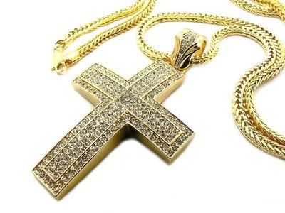 NEW ICE BLING CROSS PENDANT WITH 30'' FRANCO CHAIN RHODIUM PLATED