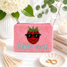 Handmade Berry Cool Strawberry Seed Beaded Coin Purse Zip Wallet New 5" x 4"