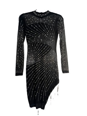 Black Sheer Rhinestone Pearl Beaded Long Sleeve Fringe Mini Dress