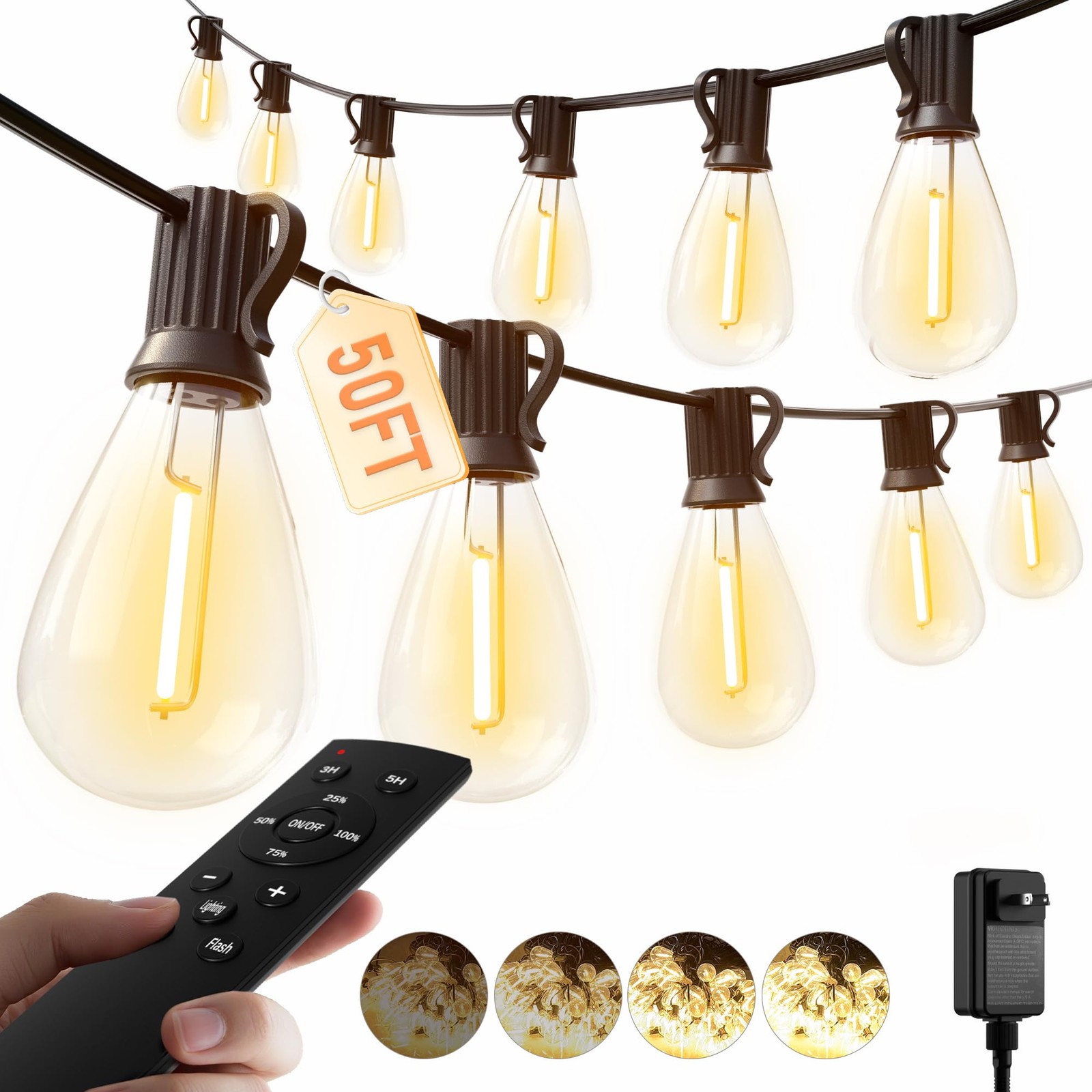 50FT Outdoor LED String Lights with Remote, 16+1 Shatterproof Waterproof Bulbs for Patio & Garden