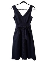 Gap Linen Dark Night Navy Blue Button Front Tie Midi Dress S Scandi Quiet Luxury