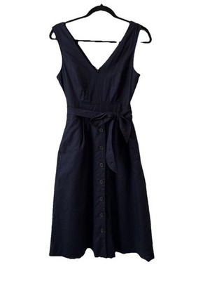 Gap Linen Dark Night Navy Blue Button Front Tie Midi Dress S Scandi Quiet Luxury