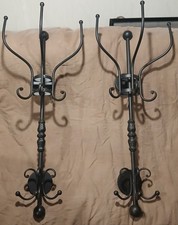 VINTAGE LARGE BLACK CAST METAL WALL MOUNT 2 TIER COAT SCARF UMBRELLA HAT RACK