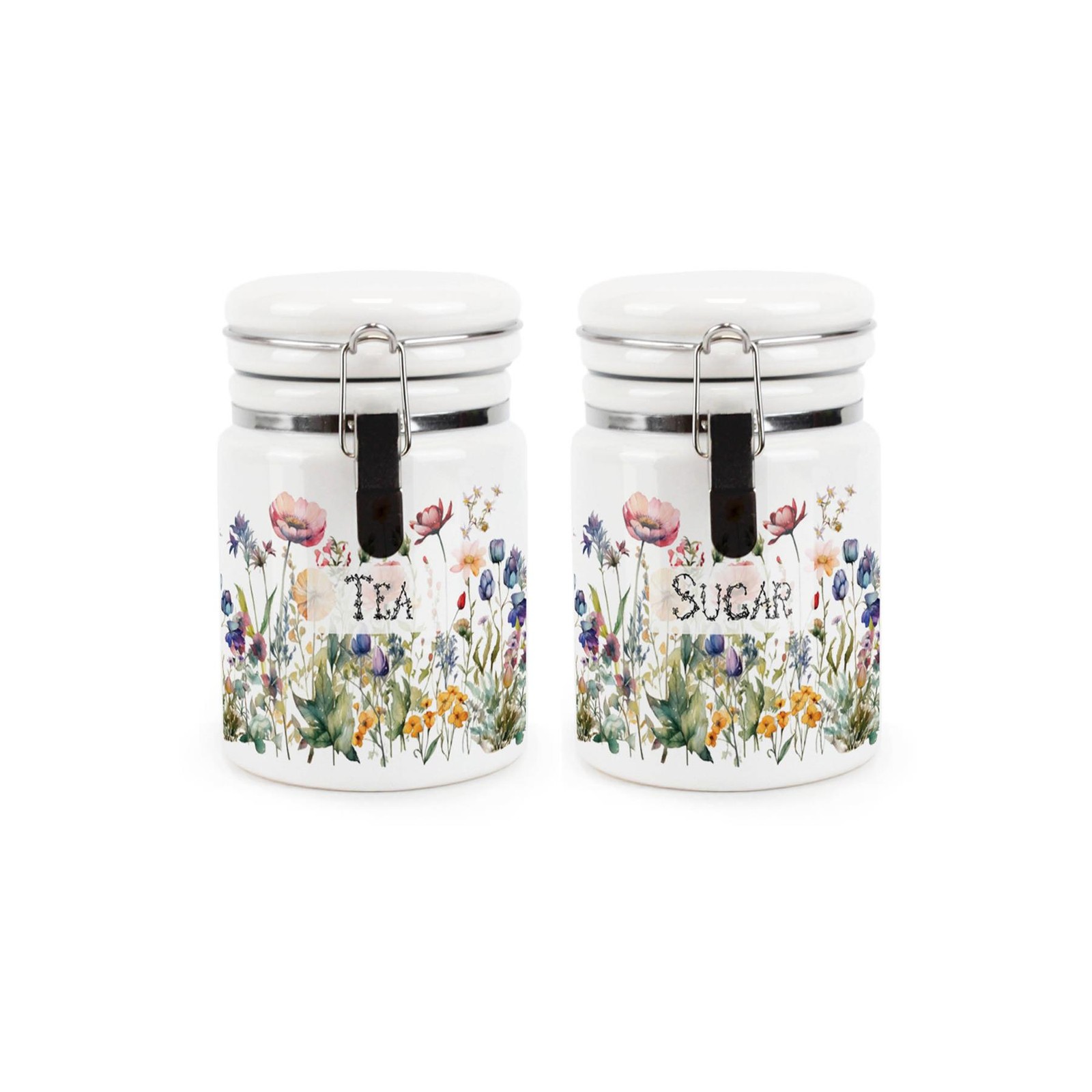 Ceramic Clip-Lid Wildflowers Canisters - Tea & Sugar Containers