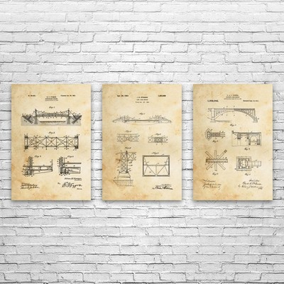 Bridge Patent Wall Art Set of 3 Poster, Canvas or Framed Structural Engineer