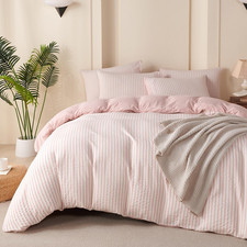 Striped Duvet Cover Set Queen Pink Washed Microfiber Jacquard 3 Pieces Bedding S