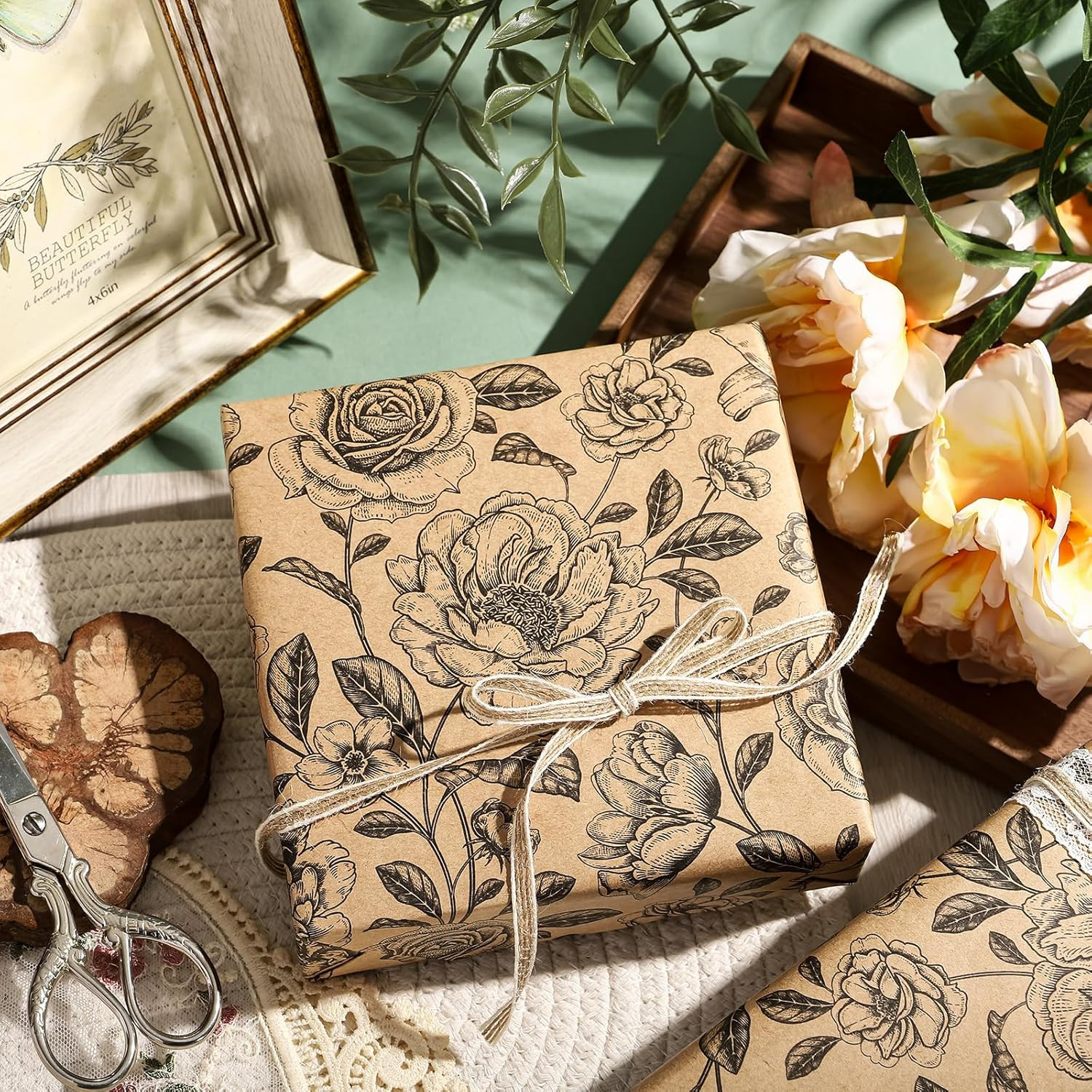 Kraft Floral Wrapping Paper Roll - Mini Roll - 17 Inch x 33 Feet - Vintage Black