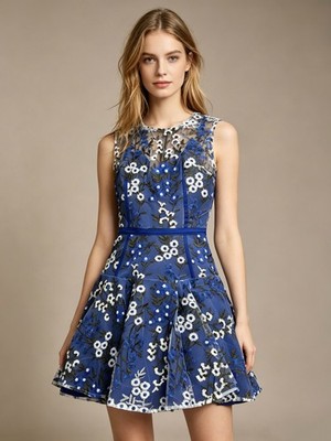 NWT $498 BRONX & BANCO Blue & White Floral Embroidered Mesh Cocktail Dress S 4