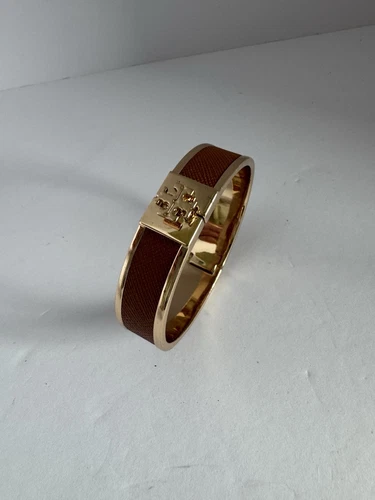 Bracciale Tory Burch oro marrone sottile in pelle con intarsiata