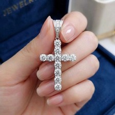 08 Ct Cross Pendant Necklace Simulated Diamond Real Silver Solid 14K Gold Plated