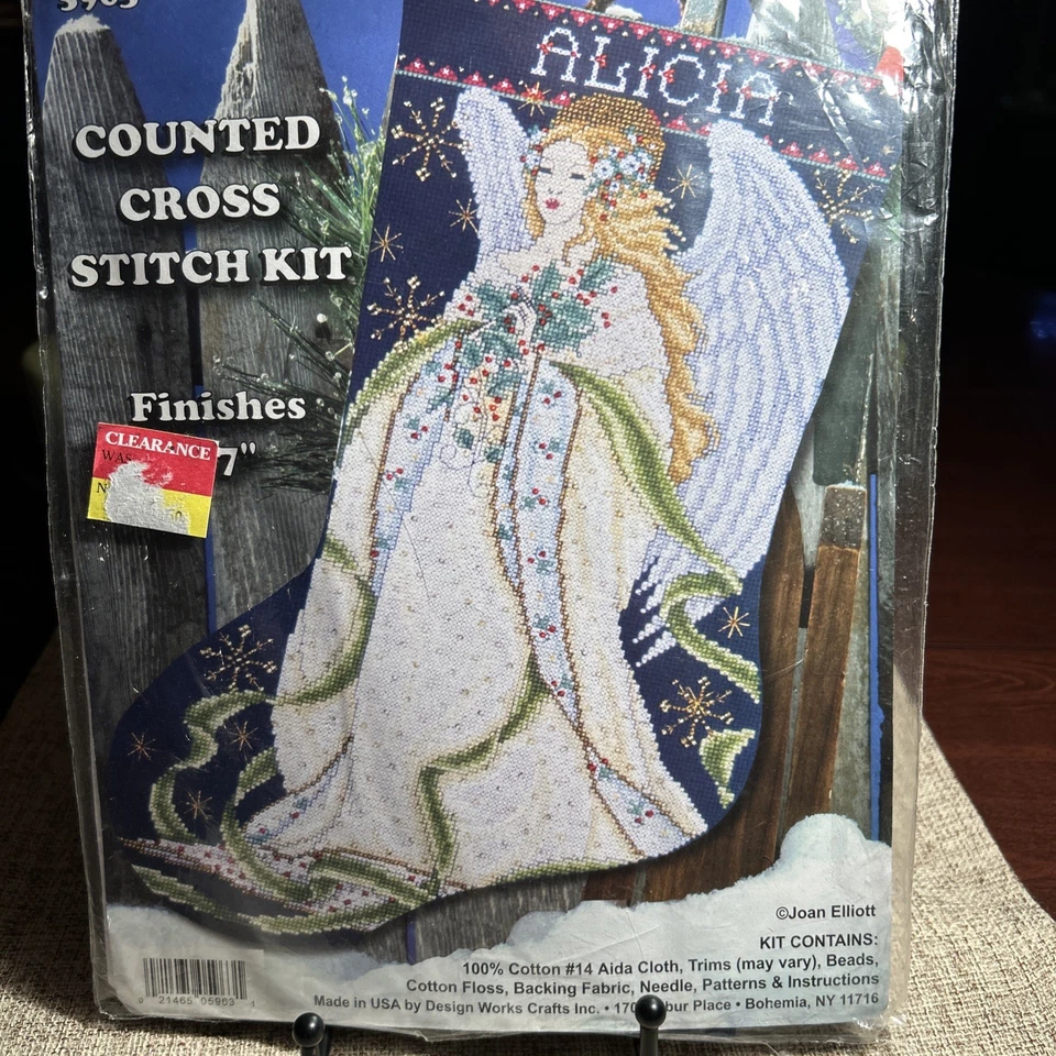 "Kit de medias de Navidad Holly Angel nuevo en paquete, Joan Eliott 5963, sellado, azul oscuro 17""" Foto 2 de 4