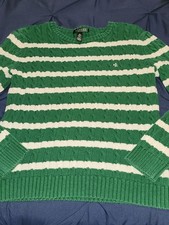 Ralph Lauren Women’s Cable Knit Kelly Green & White Striped Sweater Logo Large