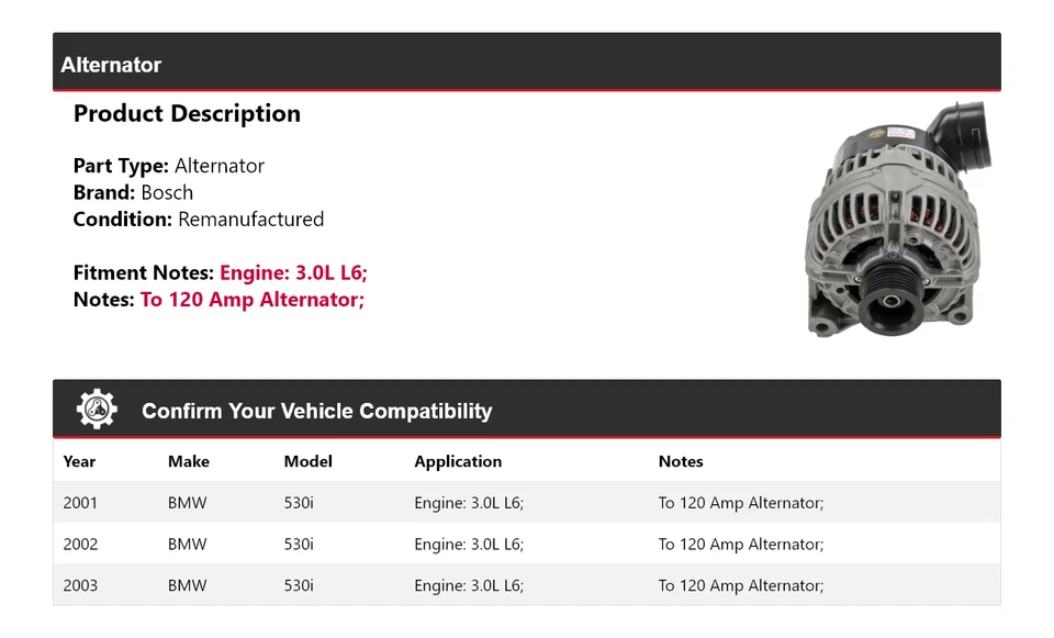For 2001-2003 BMW 530i 3.0L L6 Bosch Alternator (Remanufactured) 2002 Foto 2 de 4