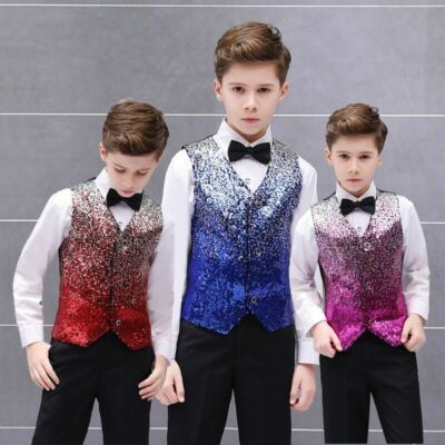 Boys Sequin Waistcoat with Bow Tie Kids Glitter Vest Top Stage