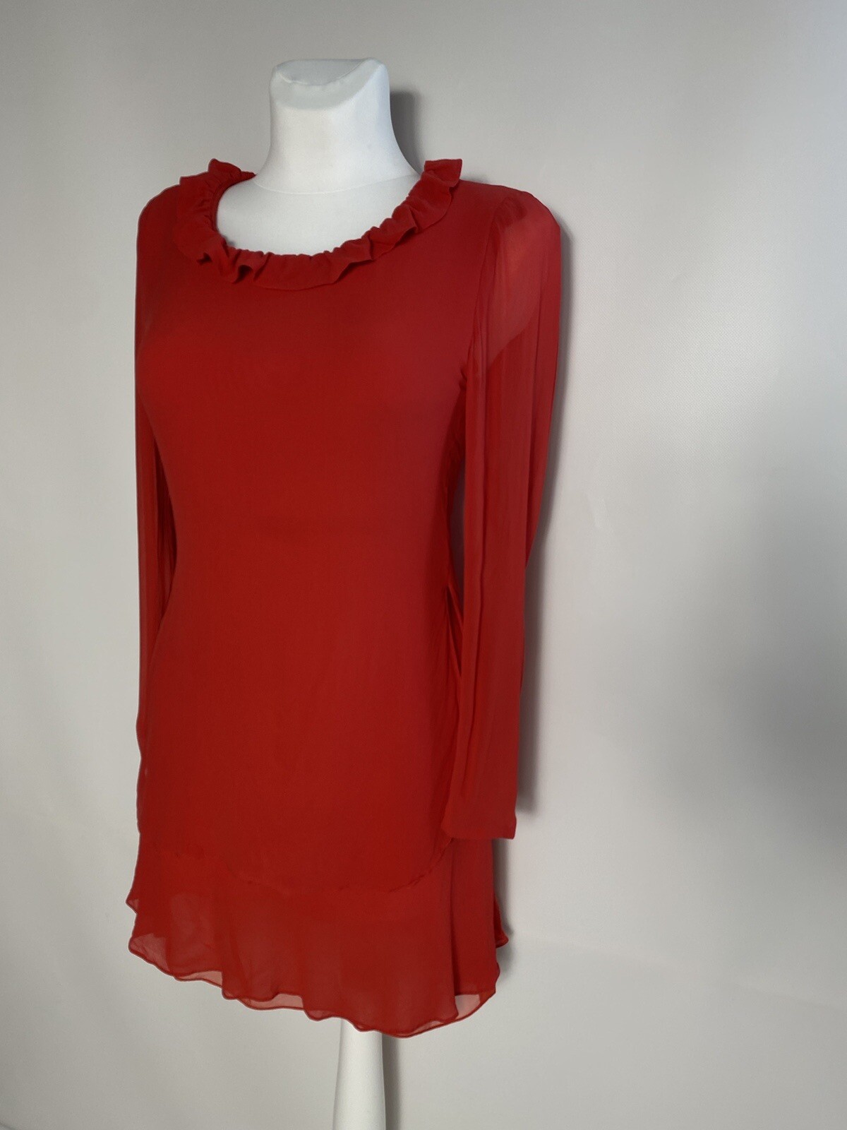 Akris Vintage Silk Layered Flowy Chiffon Long Sleeve Dress Red Size US