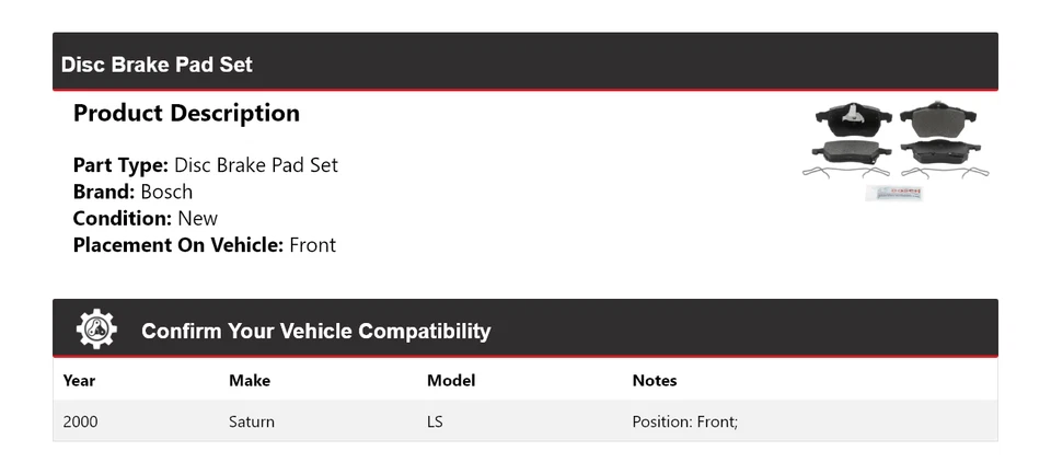 Pastillas de freno delanteras semimetálicas Saturn LS 2000 Bosch QuietCast Foto 2 de 4