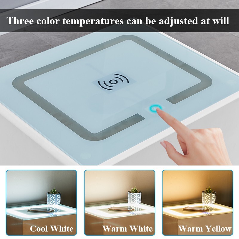 White Bedside Tables 2 Drawers Wireless Charging LED Lights