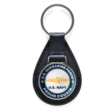 US Submarine Force Proud Cousin Gold Dolphins Black Leather Keychain Silver 