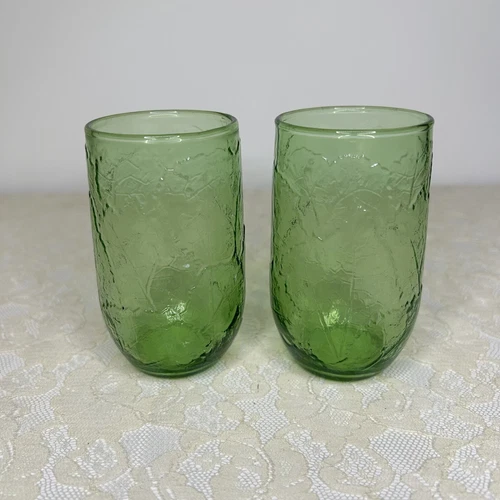 Vintage Anchor Hocking Sherwood Spearmint Green Glasses Leaves Set of 2