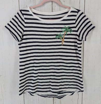Talbots Size Petite Womens Blue White Stripe Palm Tree Short Sleeve Top