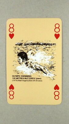 1 x Spielkarte 1976 Olympia Schwimmen 100 Meter Schmetterling Vogel 8 der Herzen T5