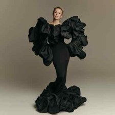Puffy Black Mermaid Unique Evening Dresses Ruffles Lush Long Sleeves Backless