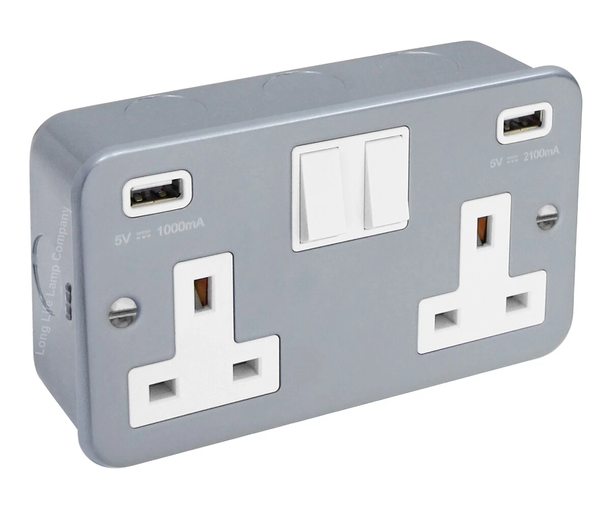 METAL CLAD 13 Amp Double 2 Gang USB Switched Electrical Wall Plug Socket MCUSB