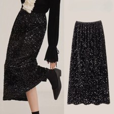 Women Glitter Sequin Velvet Skirt Midi Elastic Waist A-line Casual Party Prom