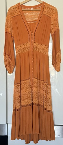 Spell and The Gypsy Olivia Luxe Lace Midi Dress In Maple Orange Size Small - Picture 2 of 13