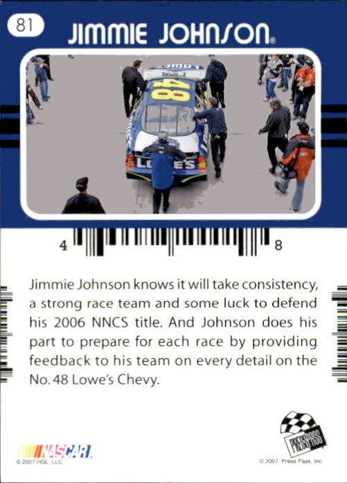 Jimmie Johnson 2007 Press Pass Traks Garage Pass Card #81 - Image 2 of 2