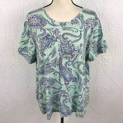 Croft & Barrow Classic Tee Shirt Top Size 2X Light Green Paisley Cotton Stretch