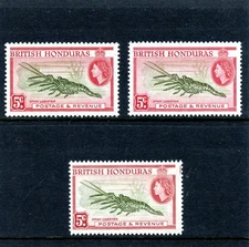 British Honduras 1953 QEII 5c in the 3 listed printings MNH. SG 183, 183a, 183ab