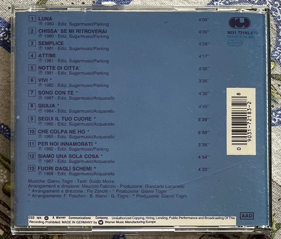 GIANNI TOGNI CD LE PIU' BELLE CANZONI CGD 9031 72183-2 EUROPE - Immagine 2 di 3