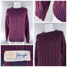 Pringle Cable Knit Sweater Men L Red Blue Cotton Long Sleeve Made USA YGI J5-50