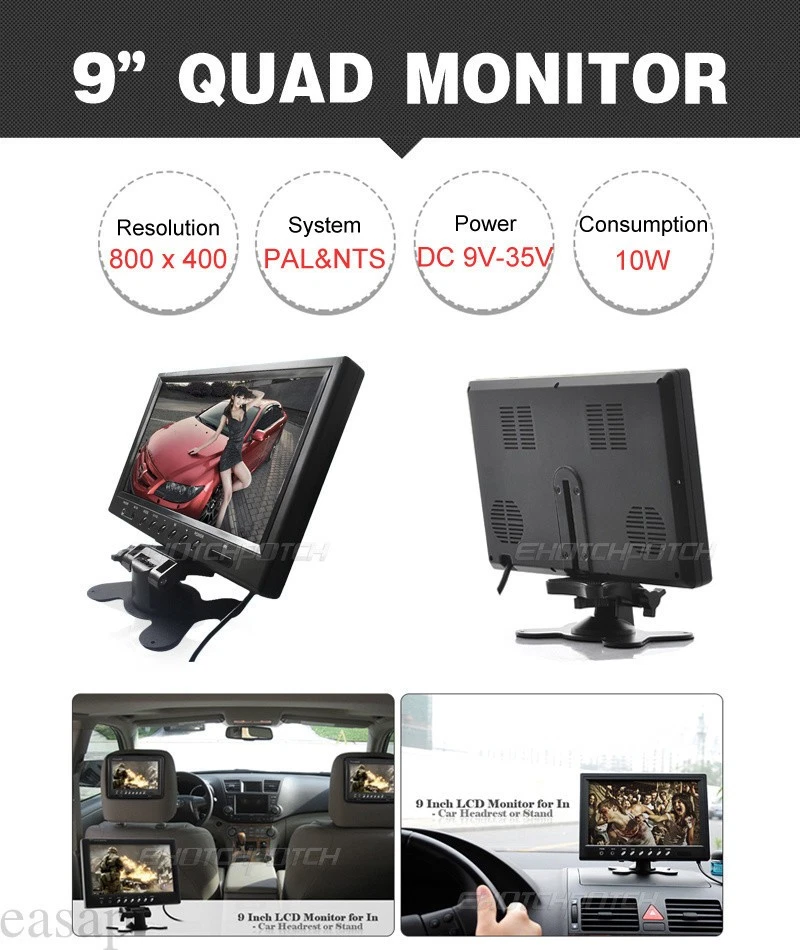 9" Quad Backup Camera Parking Split Monitor Rear View 20m 4Pin For Rv Truck Bus - Image 4 of 4