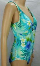 Women's 16 Blue, Green, and Yellow Floral Print Tank One Piece Swimsuit
