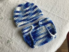 Crocheted Blue Camo Diaper Cover and Beanie Set 0 - 3 months - READY TO SHIP 